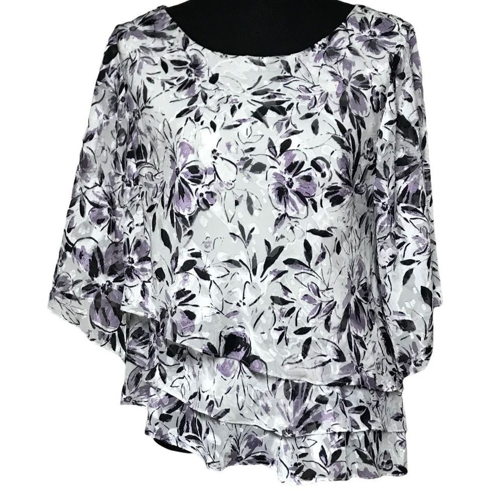Alex Evenings Gray and Lavender Floral Tiered Top - Petite
